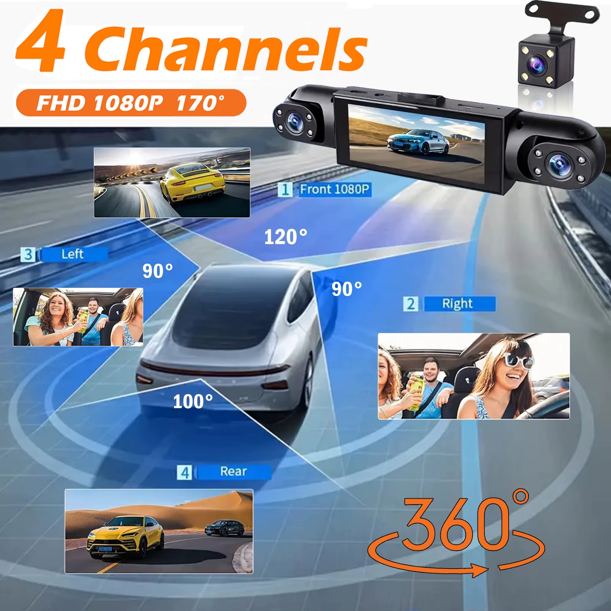 4 Channel Dash Cam 360 Car Video Recorder Night Vision